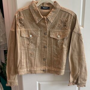 Blue B Tan Distressed Rhinestone Denim Jacket new with tags